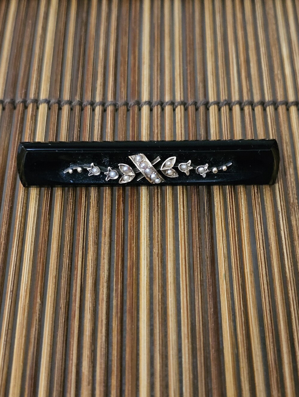 14k Onyx,pearl Seeded Bar Brooch (Antique)